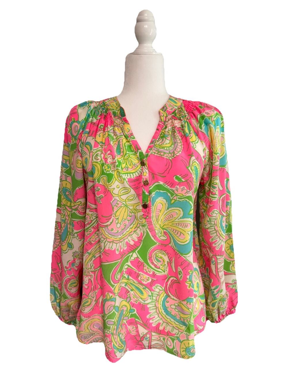 Lilly Pulitzer Elsa Chin‎ Chin Elephant Silk Top Womens XS Pink Green Preppy